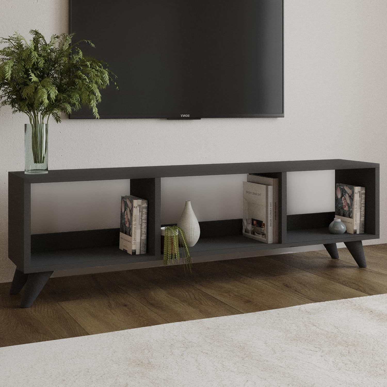 Tina TV Sehpası – 120 cm Açık Meşe Renkli, Retro Tarz Ahşap Ayaklı Minimal TV Sehpası,