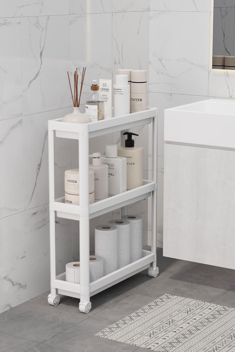 Alternative view of Life 3 Katlı Tekerlekli Slim İnce Beyaz Banyo Mutfak Rafı Polipropilen Plastik MIT1125