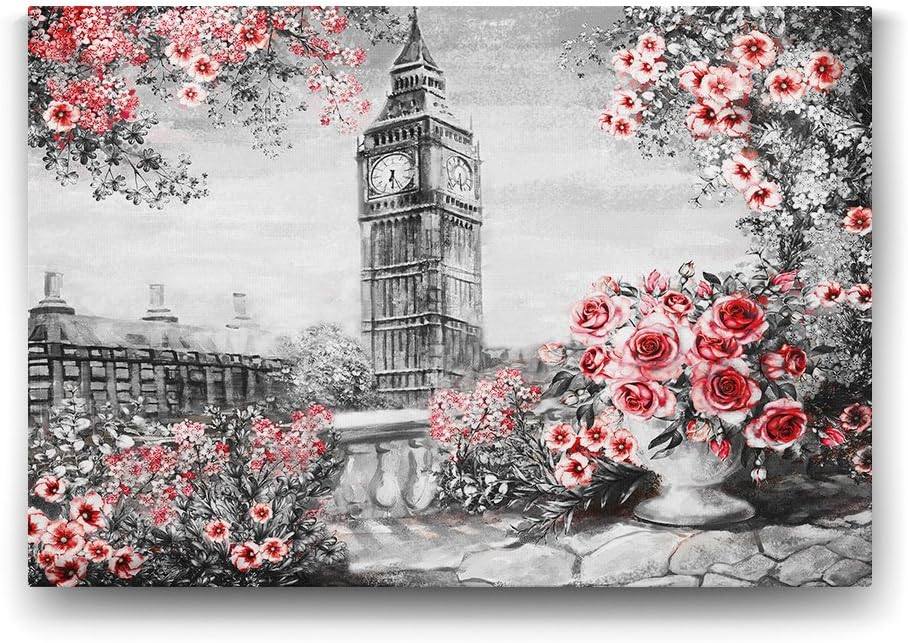 Saat Kulesi ve Kırmızı Çiçekler Tablosu - 60x40cm - Görsel 2