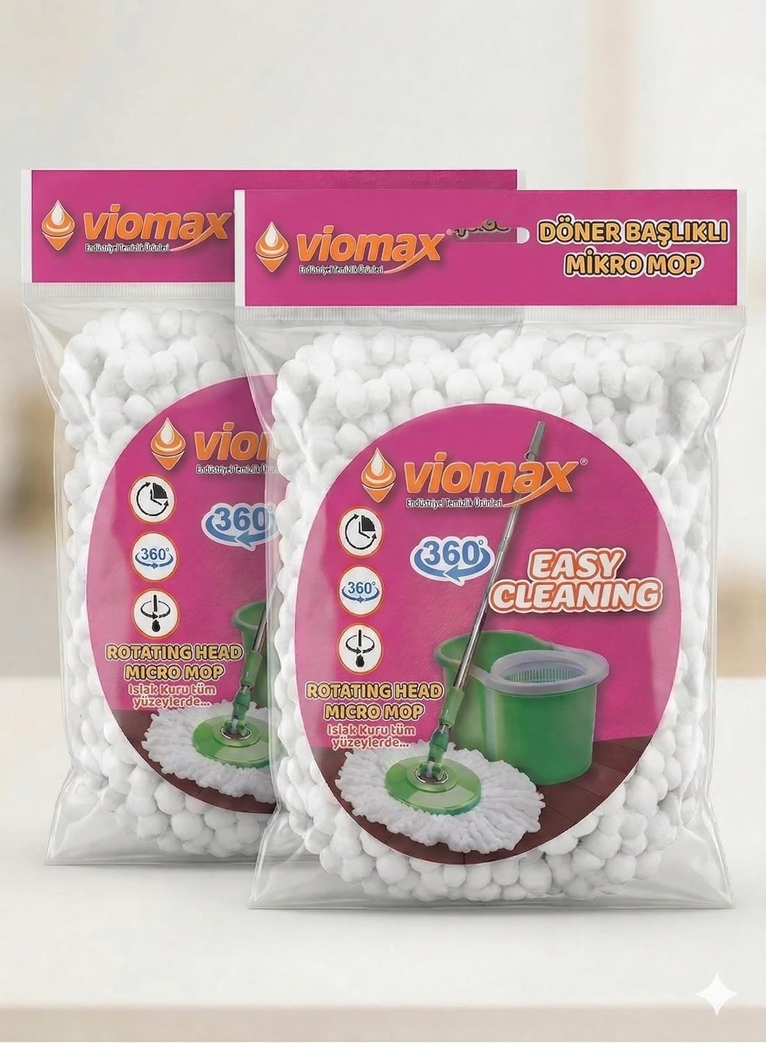 2'li Mikro Mop Yedek Başlık Seti - 360 Derece Döner Başlıklı Mikrofiber Mop Bezi