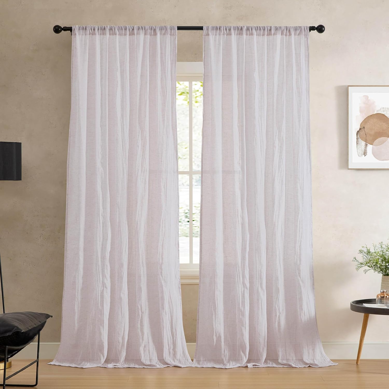 French Connection - Kiralık Ezilmiş, Pencere Perdesi, 2 Panelli Set, Yarı Şeffaf, Modern Ev Dekoru, Oturma Odası, Yemek Odası, Yatak Odası, Yurt için Perdeler, Ölçüler 127 cm x 160 cm, Krem Beyaz