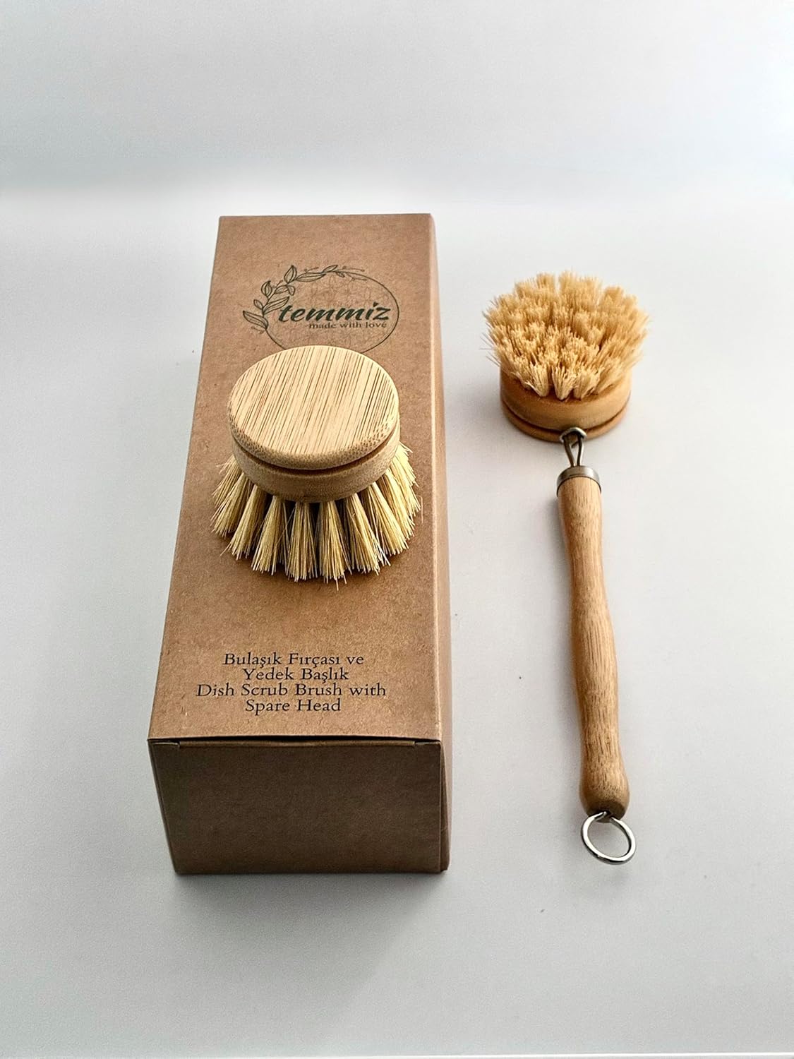 Değiştirilebilir Başlıklı Bambu Bulaşık Fırçası, Kolayca Değiştirilebilir Sisal Fırçalı Başlık, Ergonomik Bambu Sapı, Paket İçerisinde Bir Adet Ekstra Yedek Başlık