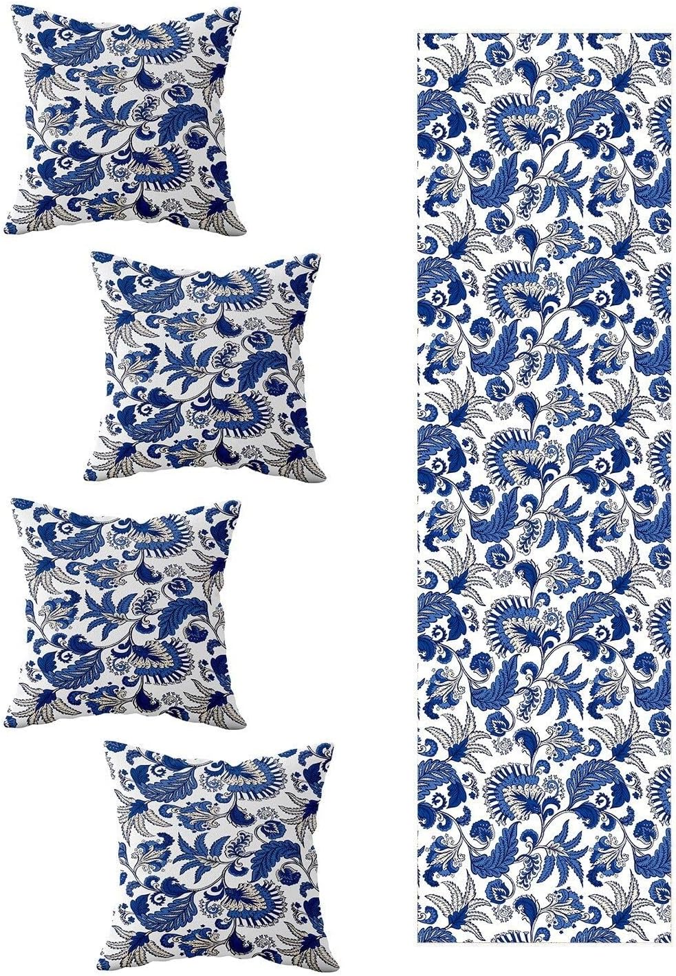 Pelangi Mükemmel Desen Salon Mutfak Masa Değişik Ranır Modelleri Dekoratif 4'lü Kırlent Kılıfı ve Runner Set, Mavi 40 x 140