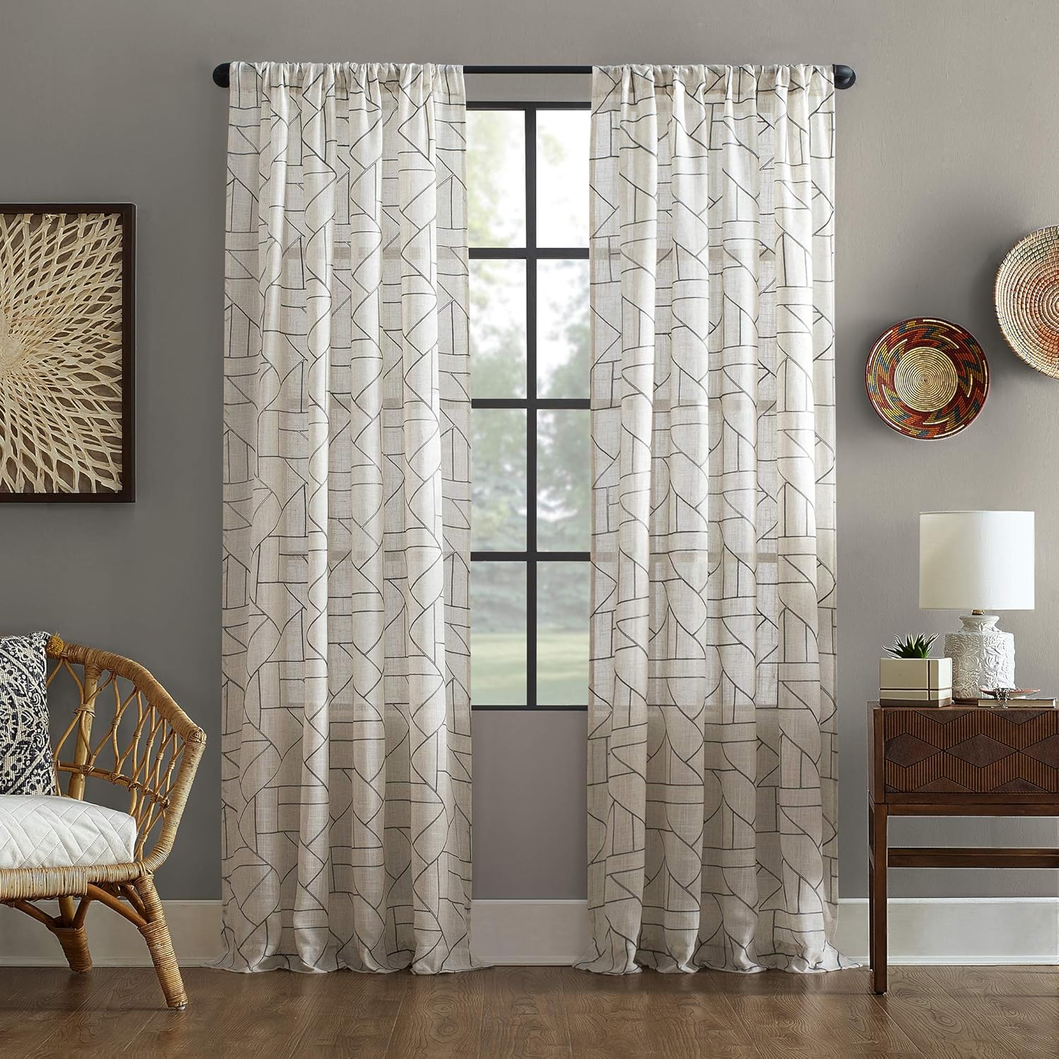 Parçalanmış Geometrik Nakış Orta Yüzyıl Modern Doğal Karışımı Perde, 127 cm x 274 cm, Gri/ - Görsel 4