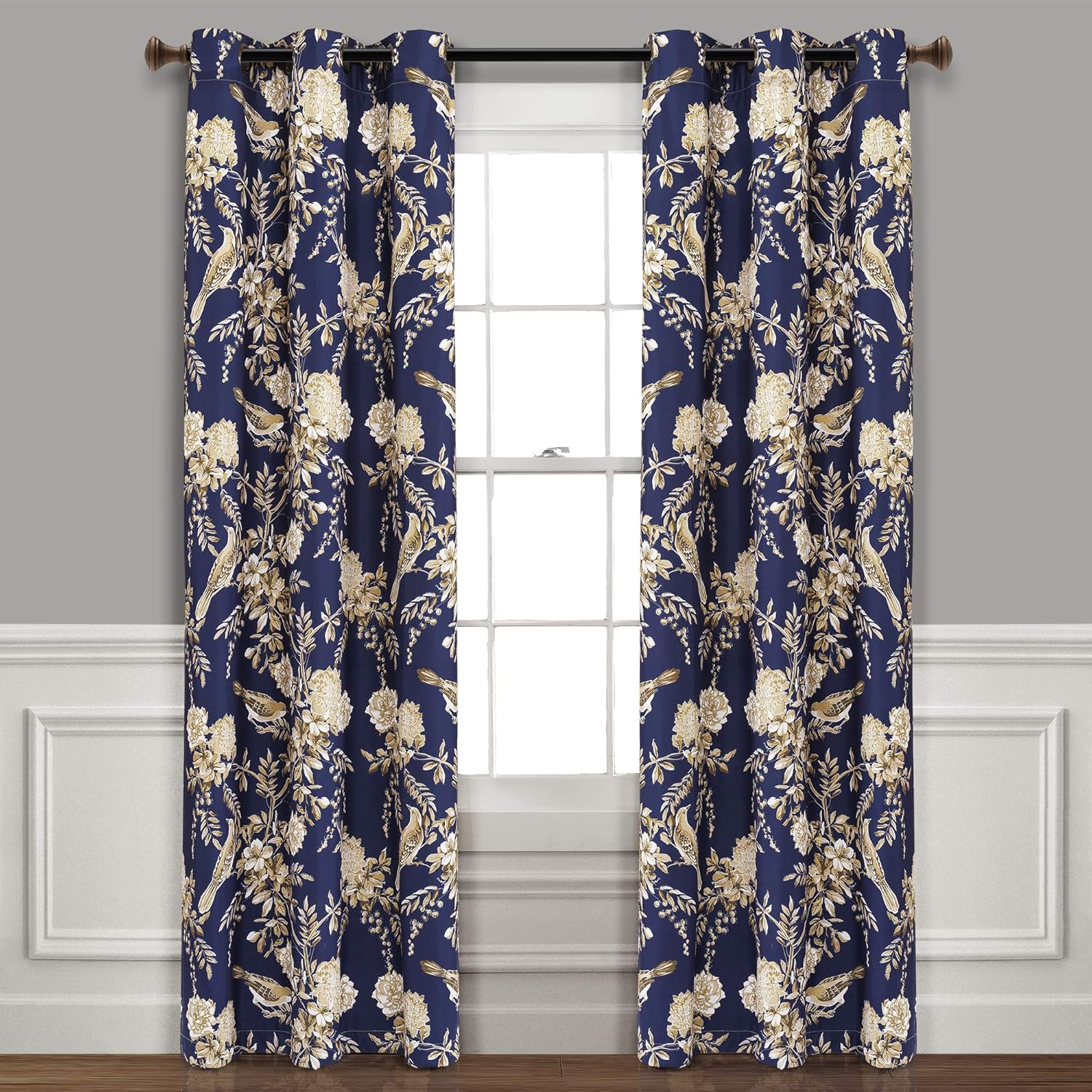 Lush, Lacivert ve Boz Kahverengi Çiftlik Evi Kuş ve Çiçek Yalıtımlı Gromet Karartma Pencere Perdesi Panel Çifti, 95" x 38", 96" x 38" - Görsel 3