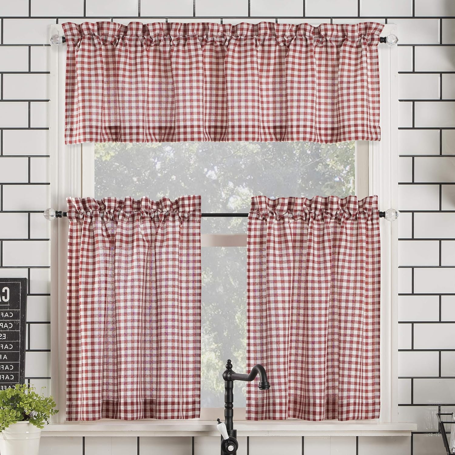 No. 918 Farmhouse Ekose Semi-Sheer Mutfak Perdesi, 137x91 cm, 3 Parçalı Set, Kırmızı/Beyaz - Görsel 3