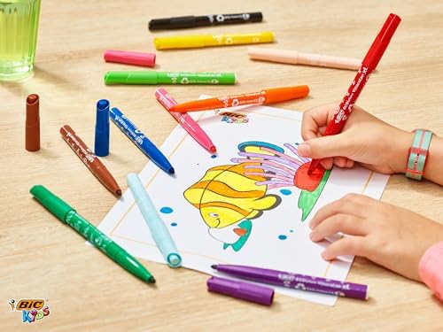 BIC Kids Visa XL Keçeli Boya Kalemi 12 Renk, Su Bazlı Mürekkep, Kolayca Çoğu Kumaştan Çıkar, 3 Yaş ve Üzeri Çocuklar için İdeal