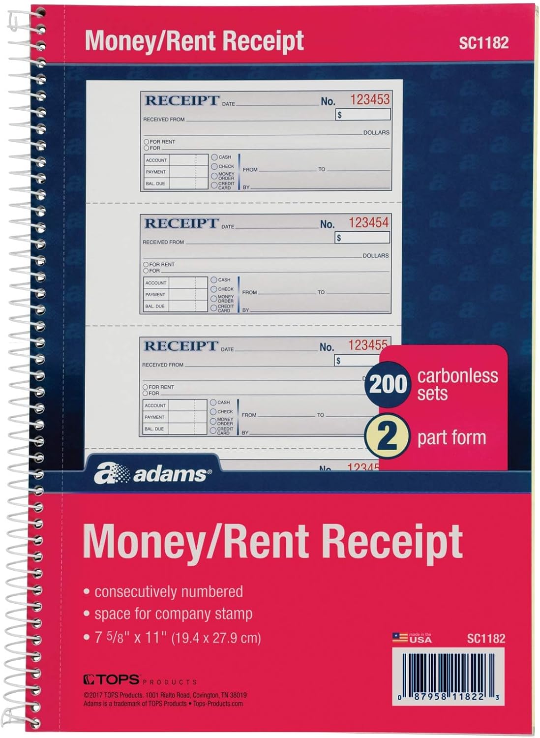 "Money/Rent receipt BK, spiral, 2-parça, 7 – 5/8" x11,200/BK, sold AS 1 her biri