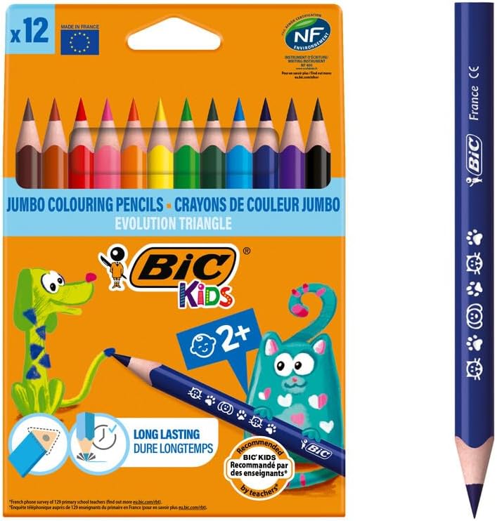 BIC Kids Üçgen Kuru Boya Kalemi, 12'li Kutu, 2 Yaş ve Üzeri Çocuklar için İdeal, Kıymık Oluşturmaz, Çiğnemeye Karşı Dayanıklı