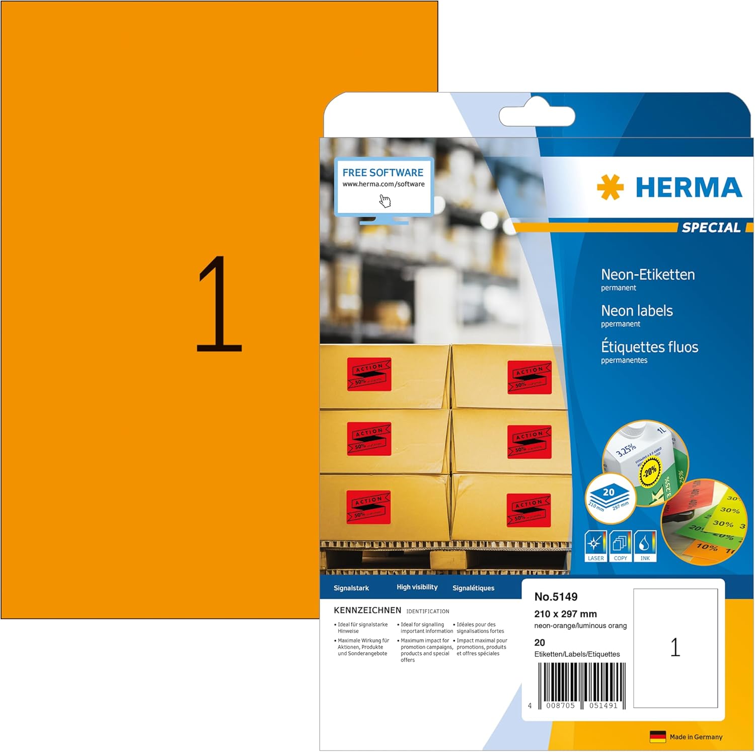 Alternative view of HERMA 5149 Renkli Etiketler Neon Turuncu, 20 Yaprak, 210 x 297 mm, 1 Adet A4 Yaprak, 20 Adet, Kendinden Yapışkanlı, Mat, Neon Etiketler, Renkli Çıkartma