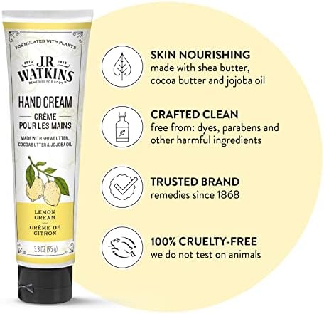 J.R. Watkins Natural Moisturizing Hand Cream, Hydrating Hand Moisturizer with Shea Butter, Cocoa Butter, and Avocado Oil, USA Made and Cruelty, 3.3oz, Lemon Cream,
