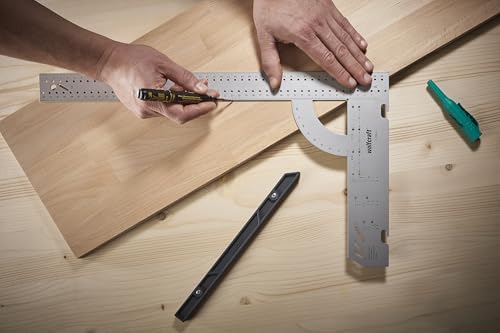wolfcraft Evrensel açı 5206000 | açı ölçer, 500 mm kenar uzunluğu, hassas işaretleme ve çizim için, 90° durdurma açısı ve çıkarılabilir açılı ray