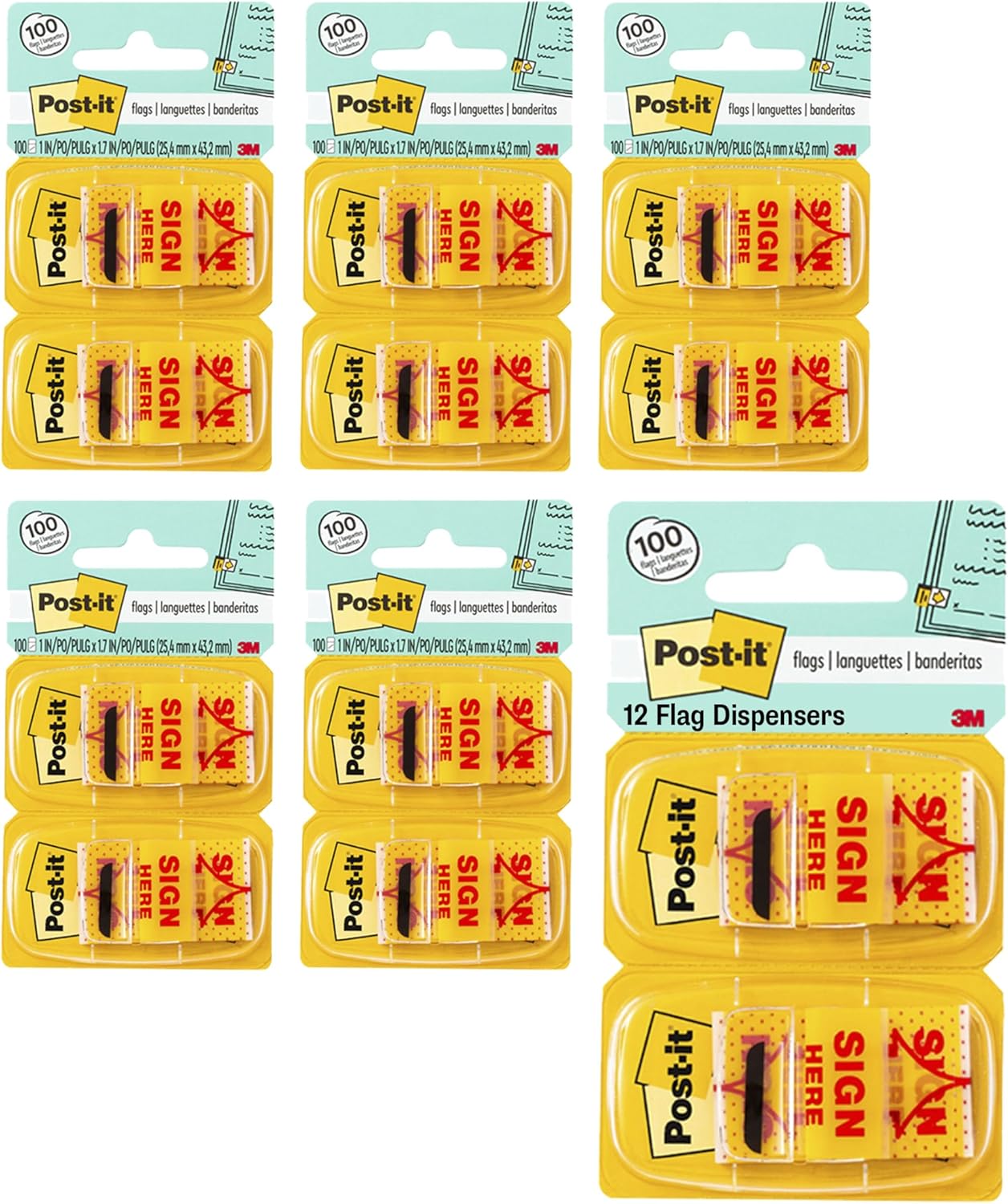 Mesaj "Sign Here" Bayrakları Değer Paketi, 50/Dispenser, 12 Dispenser/Paket, 1" Geniş, Sarı (680-SH12)