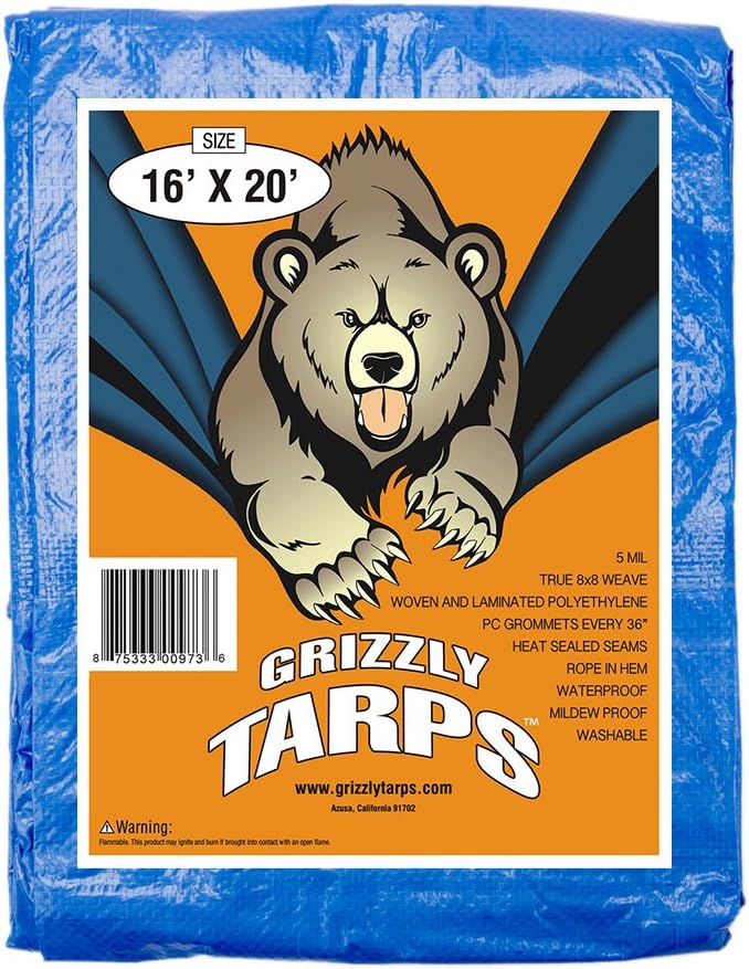 tarafından Grizzly Tarps 16' x 20' Büyük Çok Amaçlı Su Geçirmez Ağır Hizmet Tipi Poli Tarp Grometli Her 36 inç, 8x8 Dokuma, 5 Mil Kalınlığı, Ev, Tekneler, Arabalar, Kamp, Koruyucu Kılıf için,