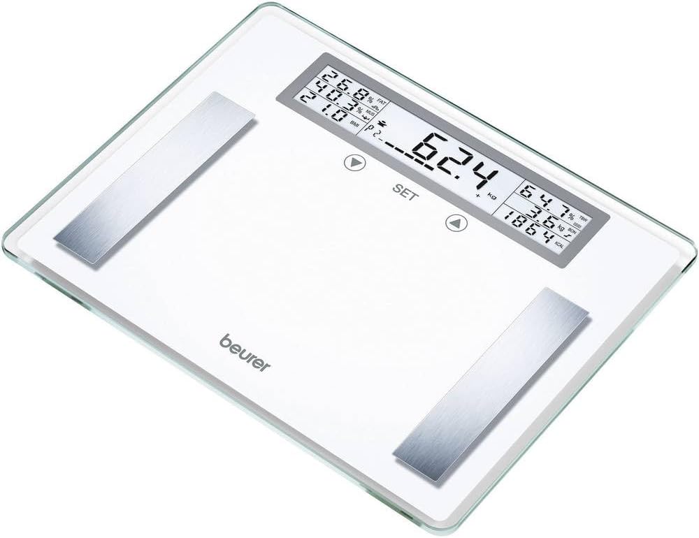 beurer BG 51 Diagnosewaage (XXL cam tartı ila 200 kg taşıma gücü, 100 g bölmeli, vücut ağırlığı, yağ, su, Muskelanteil, Knochenmasse, BMI, Kalorienbedarf)