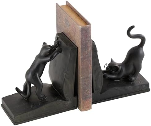 Deco 79 Polystone Kedi Dekoratif Kitap Desteği, 2'li Set, 18 cm Yükseklik, Siyah