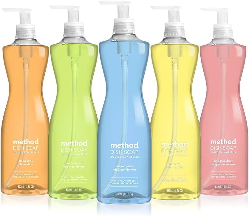 Method Bulaşık sabunu sıvısı, bitkisel bazlı bulaşık deterjanı, sert yağı keser, parlak bir temizlik için, misket limonu + deniz tuzu kokusu, 532 ml sabun pompası şişesi, 1 paket