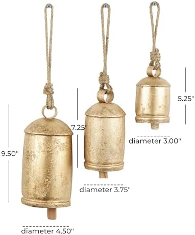 Deco 79 Dekoratif metal inek çanı, Tibet esintili, meditasyon, asmak için jüt halatlı, 3 adet, 25,4 cm, 20,3 cm, 15,2 cm yüksekliğinde, altın rengi