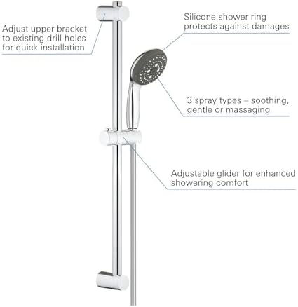 Start 100 Sürgülü Duş Seti, 600 mm Sürgülü Ray, 100mm El Duşu 3 Akışlı, 1750 mm Duş Hortumu, Kireç Önleyici Sistem, Duş Başlığı, Krom, 26032000