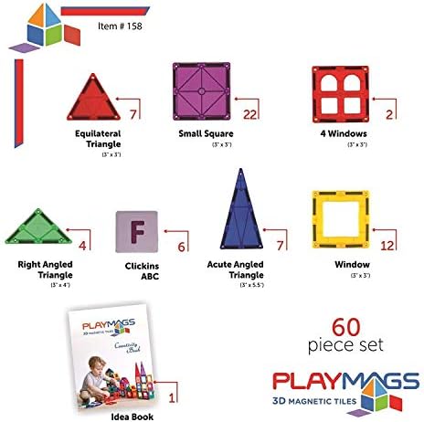 Playmags Manyetik çocuk yapı taşları, 60 parçalı manyetik yapı blokları, 6 ABC tıklamalı – STEM geliştirme oyuncağı – Çocuklar için manyetik yapı taşları