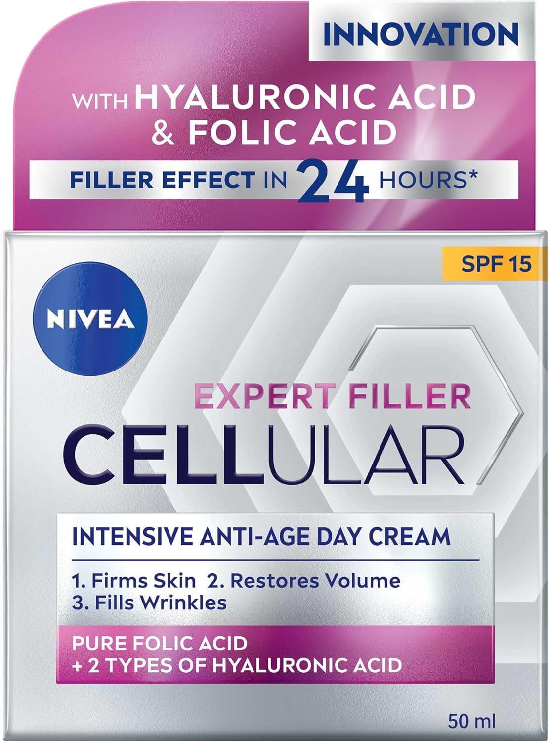Cellular Expert Filler Yoğun Yaşlanma Karşıtı Gündüz Bakım Yüz Kremi 50 ml, Hyaluronik Asit ve Folik Asit, SPF15 Güneş Koruması