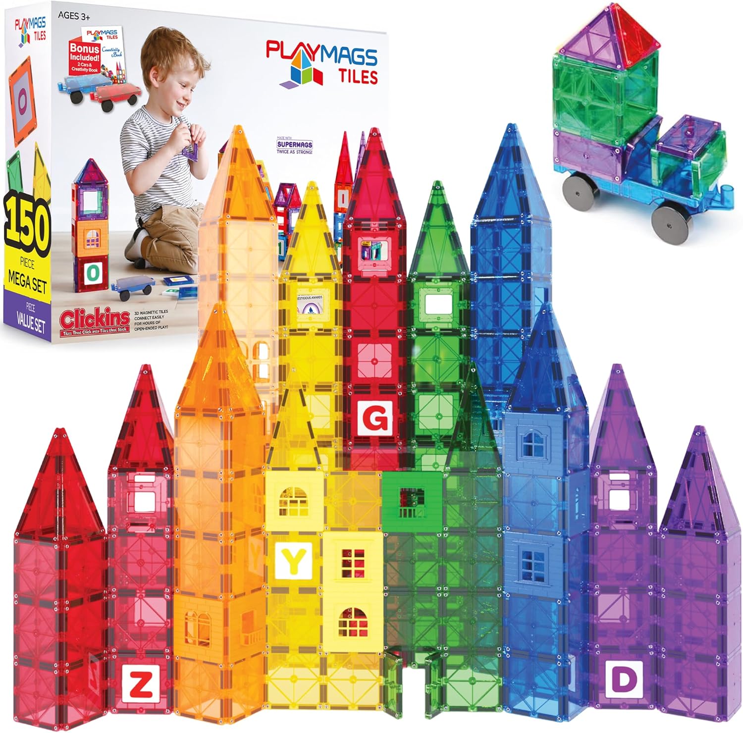 Playmags 150 Parça Manyetik Blok Set | 3D Magnet Yapı Taşları | Çocuklar için STEM Eğitici Oyuncak | Araba Dahil Yaratıcı ve Uyumlu Yapı Seti