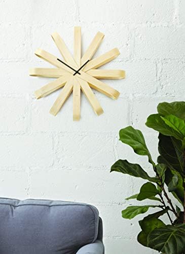 Ribbonwood duvar saati, sessiz kuvars duvar saati, kavisli kayın ağacından mutfak, ofis, yatak odası ve daha fazlası için, doğal, 46 x 9,5