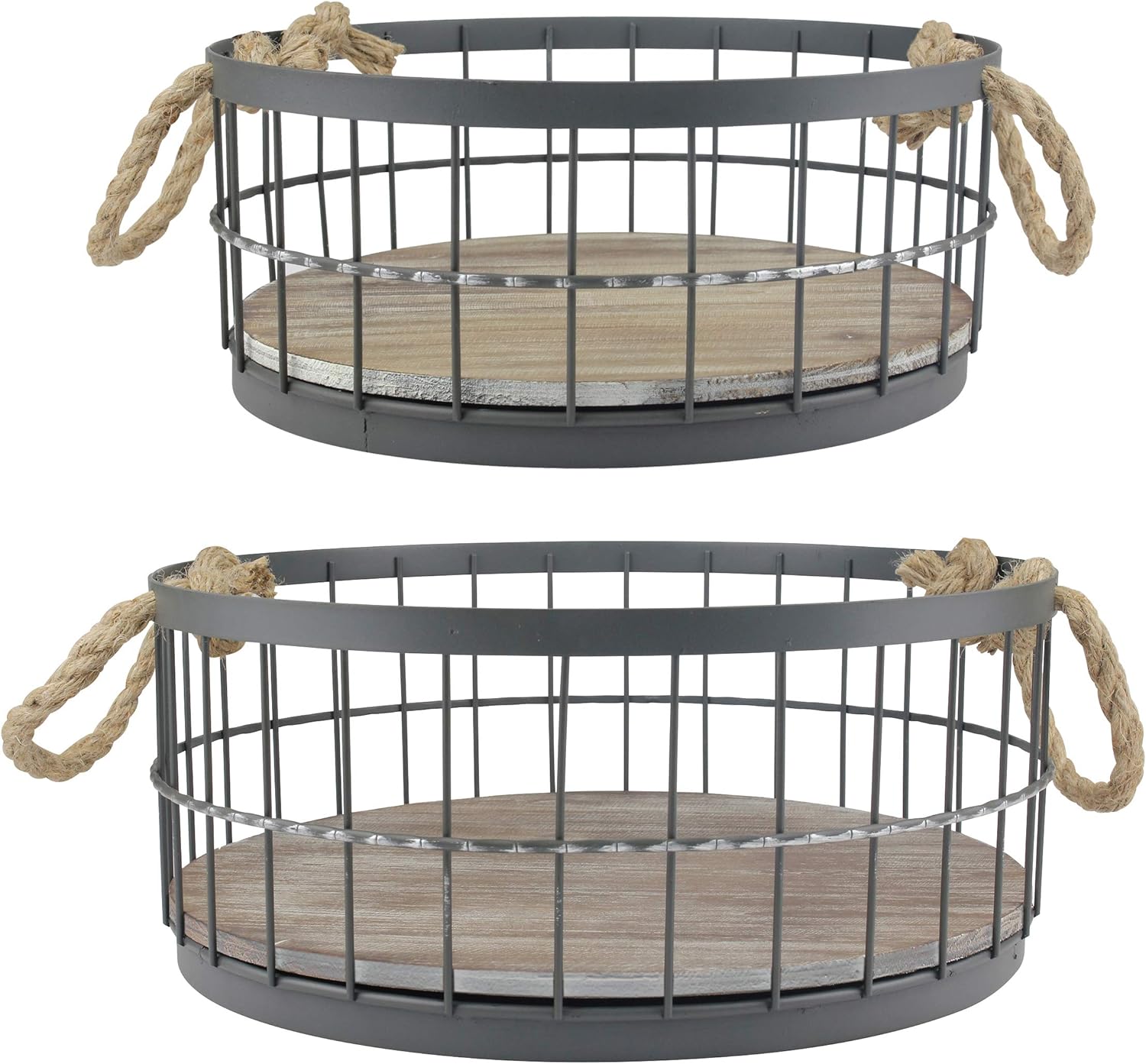 Alternative view of 2 parça Yuvarlak İstiflenebilir Metal Tel ve Ahşap Sepet Seti, Halat Kulplu, Ev Depolama için Rustik Dekor, Düğünler, Doğum Günleri ve Tatil Partileri için Dekoratif Servis Sepetleri