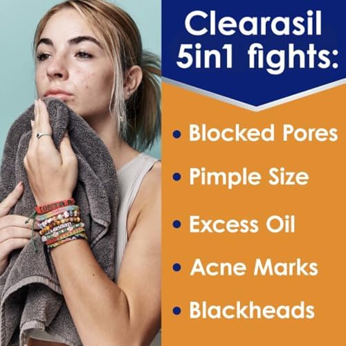 Clearasil İnatçı Akne Kontrolü 5'i 1 Arada Eksfoliye Yıkama 6.78 fl. oz., Blok Gözenekleri Azaltır, Sivilce Boyutu, Aşırı Yağ, Akne İşaretleri, Siyah Noktaları