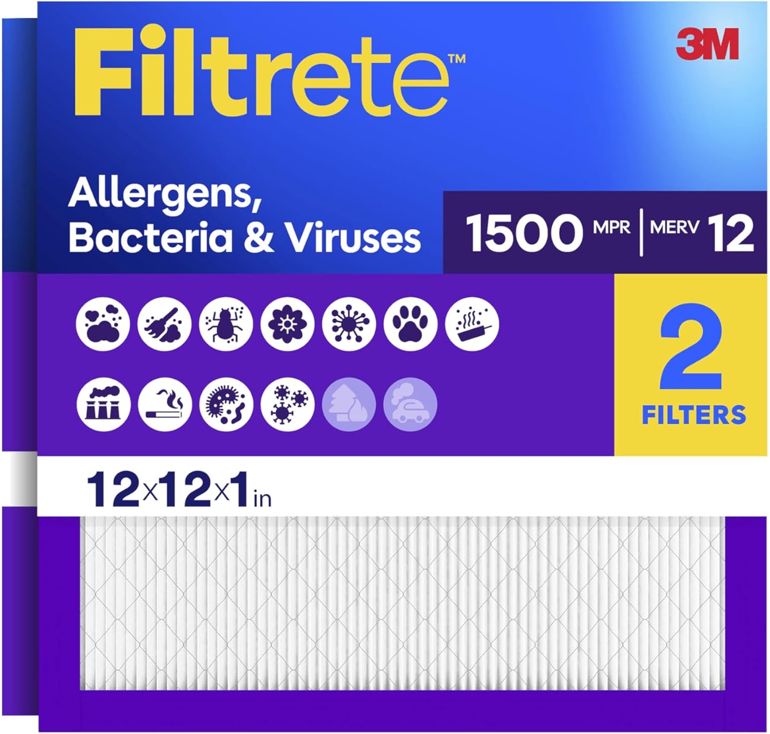 12x12x1 Hava Filtresi, MPR 1500, MERV 12, Sağlıklı Yaşam Ultra Alerjen 3 Aylık Pileli 1 İnç Hava Filtreleri, 2 Filtre