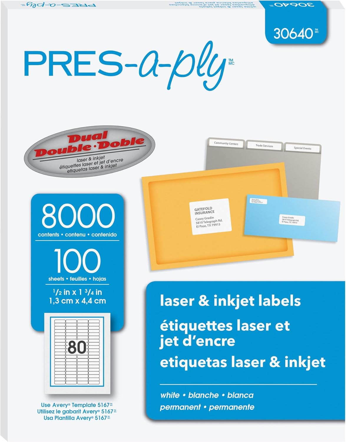 Alternative view of Lazer ve Mürekkep Püskürtmeli Yazıcılar için PRES-a-ply Etiketler, 5 x 1.75, Beyaz, 8000'li Kutu (30640)