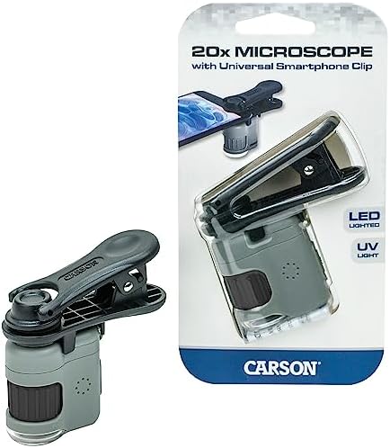 MicroMini 20x LED Işıklı Cep Mikroskopu, Entegre LED ve UV El Feneri ve Evrensel Akıllı Telefon Digiscoping Adaptör Klipsi (MM-380)