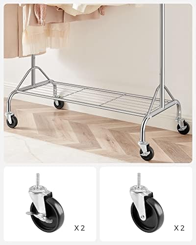 Metal Elbise Askısı, Ayakkabı Raflı, Tekerlekli, Ağır Yükler Taşıyabilir, 50 Kg Taşıma Kapasiteli, Uzunluk 110,5-150,5 cm, Krom Kaplama Hsr02S