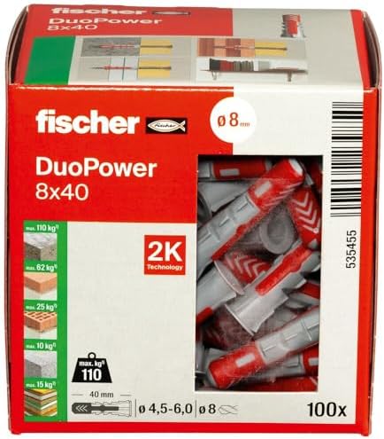 Alternative view of DuoPower 8 x 40, evrensel dübel, güçlü 2 bileşenli dübel, beton, tuğla, taş, alçı yapı plakaları vb. sabitlemek için plastik dübel, vidasız, 100 adet