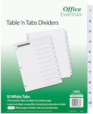Essentials masa 'n ayırma, 8 – 1/5,1 x 27,9 sekme cm 1 – 10 Tab, siyah/beyaz Tab, Laser/inkjet, 6 PK (24882)