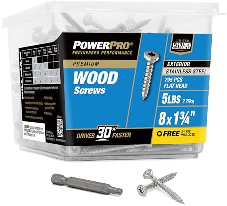 Power Pro Ahşap Vidalar, #8x2,5cm, Premium Paslanmaz Deniz Vidaları, 2,3kg Tüp, 860 Adet