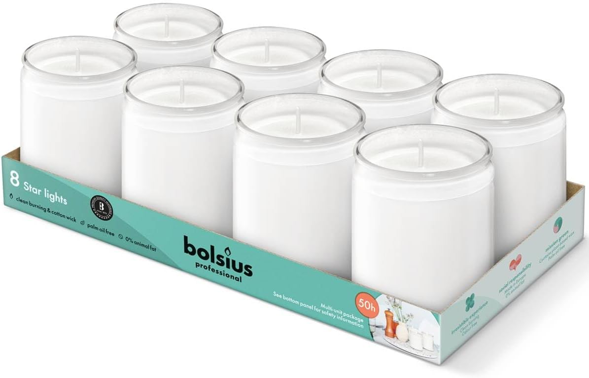bolsius Starlight Beyaz Renkli Cam Kavanozda Beyaz Mum - Vegan Dostu - Akşam Yemeği, Ev, Dekorasyon, Düğün - 82/68mm - 50 Saat Yanma Süreli - 8’li Paket