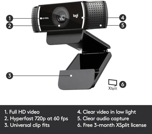 Alternative view of C922 PRO HD Web Kamerası, 1080p/30 FPS Çözünürlük, RightLight 2 ile Otomatik Işık Düzeltme, Çift Gürültü Önleyici Mikrofon, Premium XSplit Lisanslı, Siyah