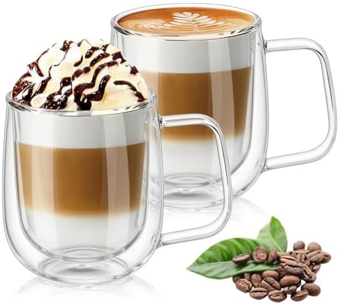 Çift Duvar Cam Kupa, Isı Yalıtımlı Bardak Bardak, Saplı 250 ml, Çay Su Bardakları, Kahve, Süt, Cappuccino, Espresso, Şeffaf, 2'li Set