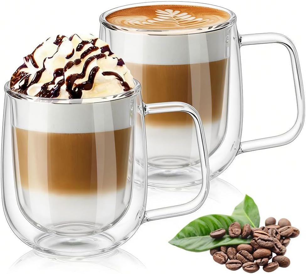 Alternative view of Çift Duvar Cam Kupa, Isı Yalıtımlı Bardak Bardak, Saplı 250 ml, Çay Su Bardakları, Kahve, Süt, Cappuccino, Espresso, Şeffaf, 2'li Set