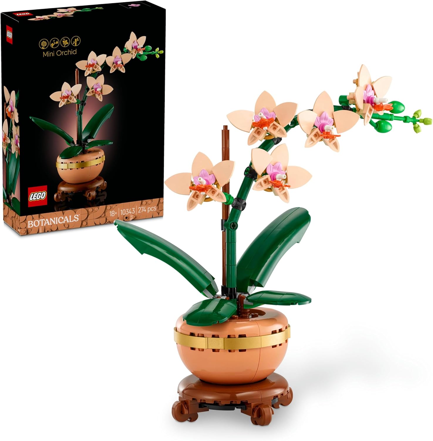 Botanicals Mini Orkide 10343 – Yetişkinler için Açık Renkli Terakota Saksı ve Ahşap Efektli Kaide İçeren Sevgililer Günü'ne Özel Yapay Çiçek Modeli Yapım Seti (274 Parça)