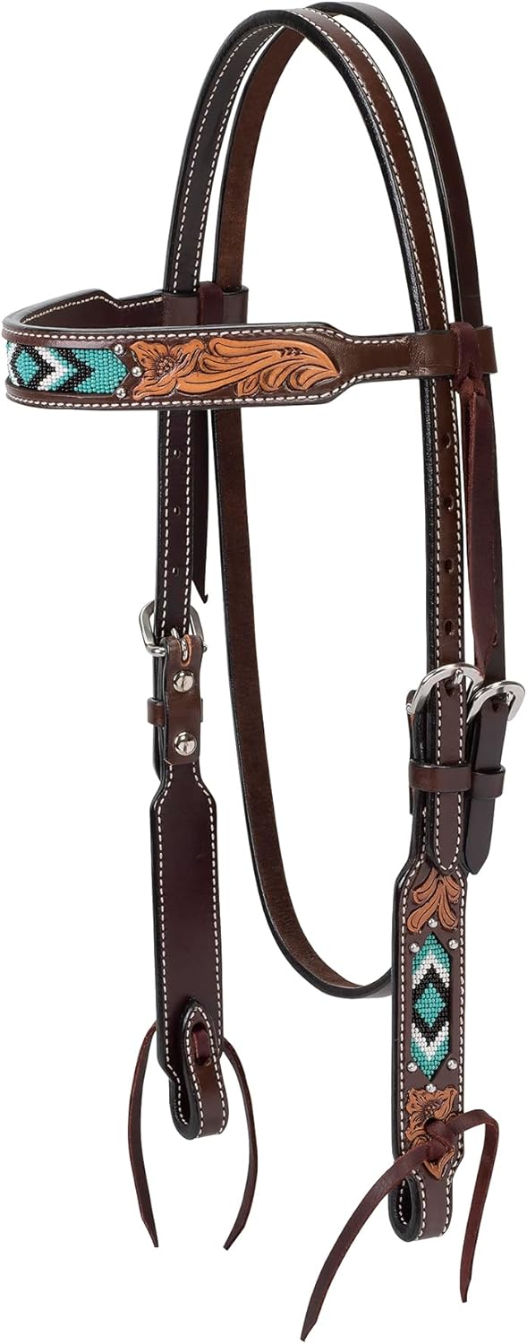 Alternative view of Turquoise Turkuaz Boncuklu Kaş Bandı Headstall Koyu Yağ 45-0144