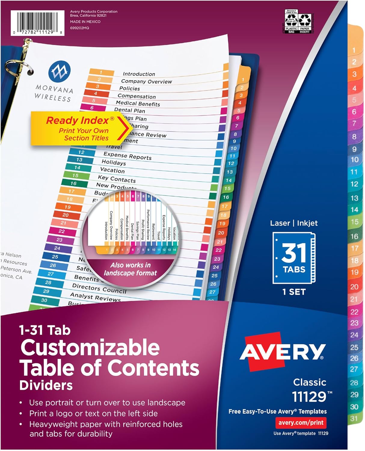 Alternative view of 31 adet kayıt kartı, 3 halkalı kitap için, ayarlanabilir içerik dizini, çok renkli, 12 set (1129)