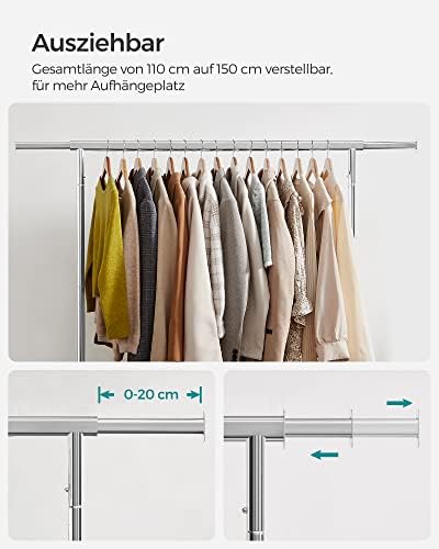 elbise askısı, tekerlekli elbise askıları, metalden yapılmış portmanto, 130 kg'a kadar yüklenebilir, uzunluk 110-150 cm, krom kaplama, HSR11S