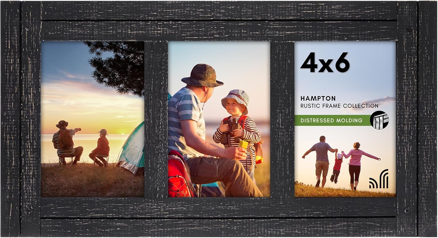 Kömür Siyahı 4x6 Üçlü Resim Çerçevesi - Aile Fotoğrafları ve Duvar Kolajı için Şövale ve Cilalı Camlı Eskitilmiş Ahşap Dekoratif Resim Çerçeveleri - Duvar ve Masa Üstü için