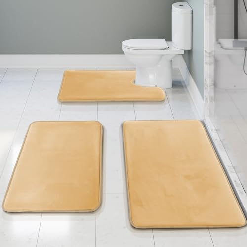 Alternative view of Clark Banyo Halıları, Ultra Yumuşak Kaymaz ve Emici, Kadife Hafızalı Köpük Banyo Paspası Set - 20 x 32/17 x 24/19 x 24, Krem