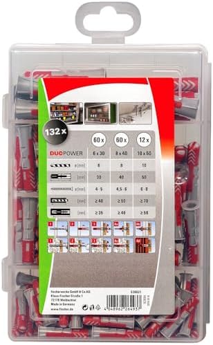 PROFI-BOX DUOPOWER, 132 dübelli dübel kutusu (60 adet 6 x 30, 60 adet 8 x 40, 12 adet 10 x 50), evrensel dübel, pratik set, amatör ve profesyoneller için dübel kutusu, vidasız