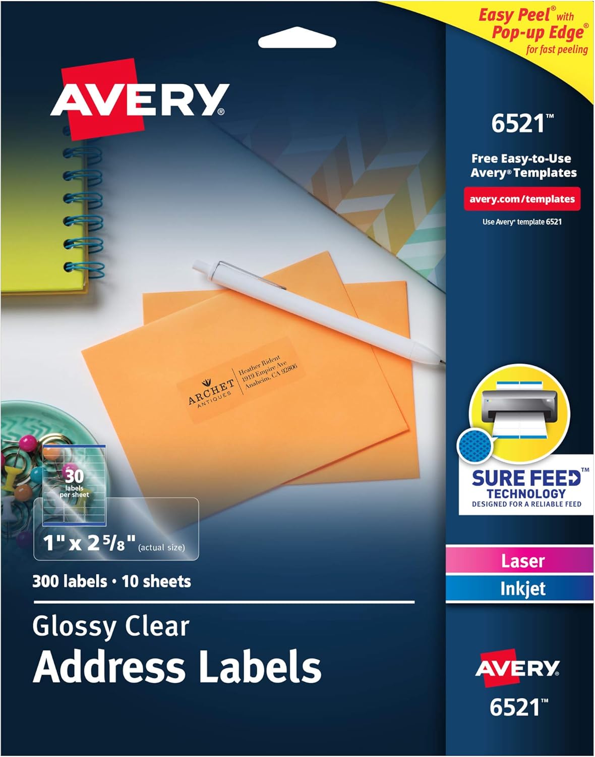Lazer ve Mürekkep Püskürtmeli Yazıcılar için 6521 Parlak Kristal Netliğinde Adres Etiketleri, 1 "x 2-5/8", 300 Etiket