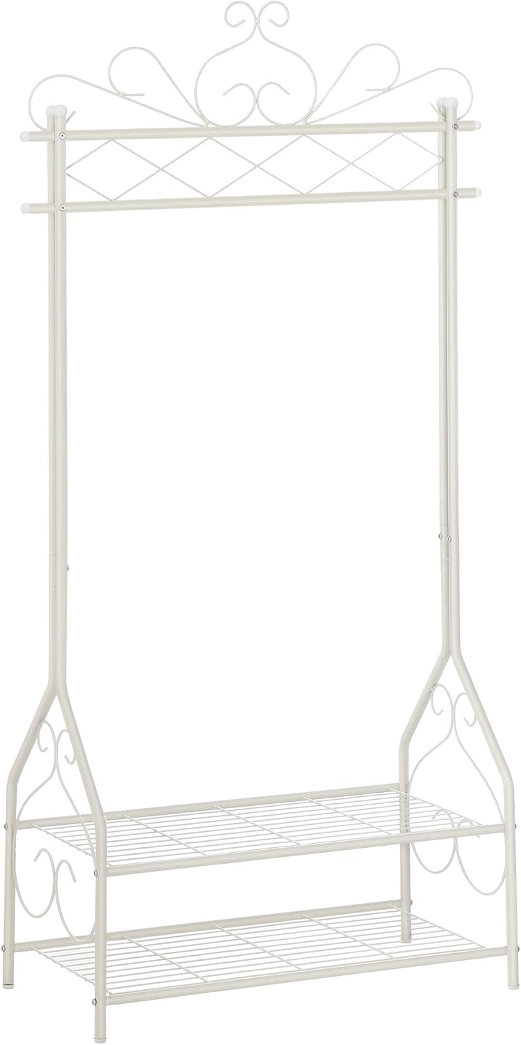 Klasik Tarzda Elbise Askısı, Elbise Çubuklu ve 2 Metal Raflı, 92 x 173 x 41 cm (G x Y x D), Krem Beyaz, Hsr07W