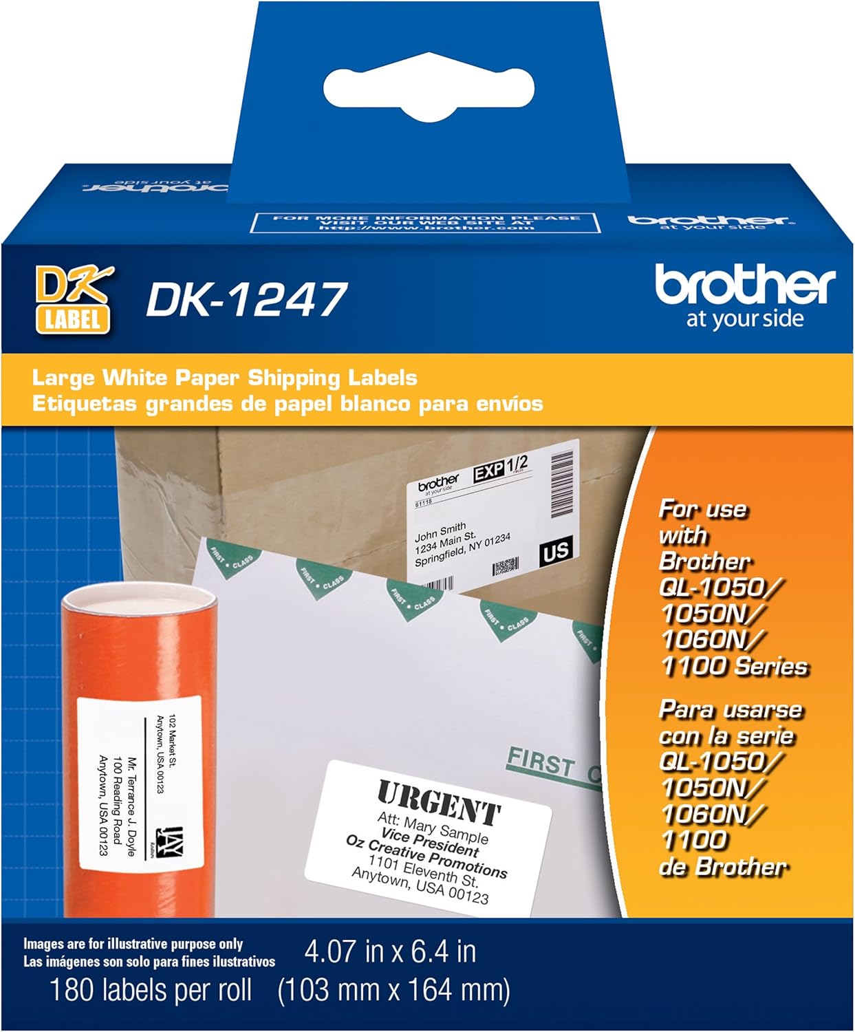 QL Etiket Yazıcıları için Orijinal DK-1247 Kalıp Kesim Büyük Kargo Beyaz Kağıt Etiketler - Rulo başına 180 Etiket 4,07 inç x 6,4 inç (103 mm x 164 mm)